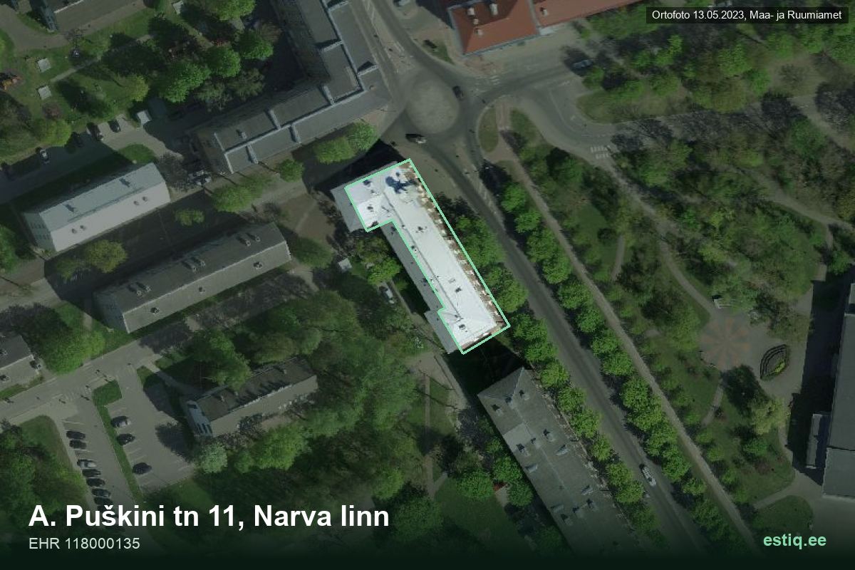 A. Puškini tänav 11, Narva – aerial photo of the building, outline from the Building Register (EHR)