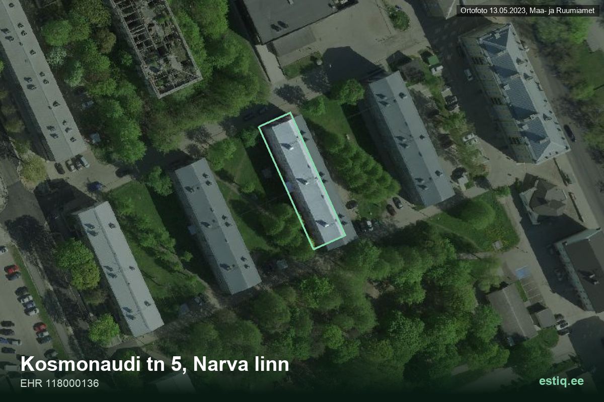 Kosmonaudi tänav 5, Narva – hoone aerofoto, kontuur ehitisregistri (EHR) andmetest