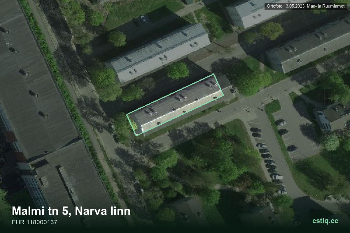 Malmi tänav 5, Narva – hoone aerofoto, kontuur ehitisregistri (EHR) andmetest