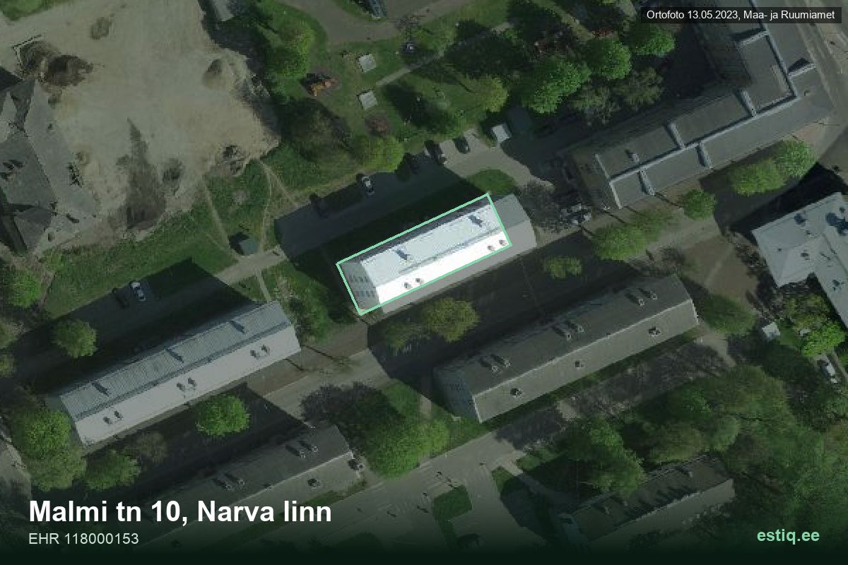 Malmi tänav 10, Narva – hoone aerofoto, kontuur ehitisregistri (EHR) andmetest