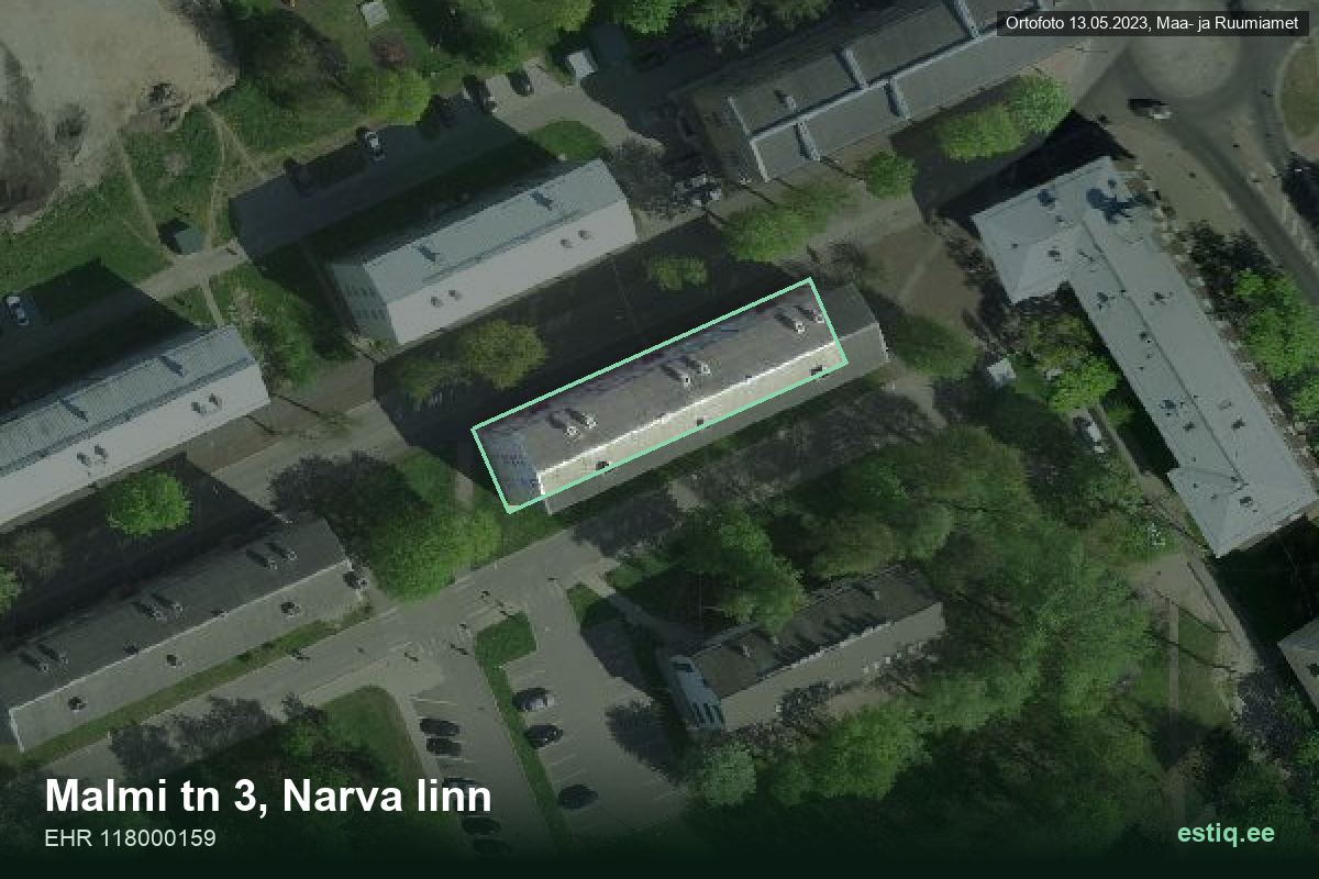 Malmi tänav 3, Narva – hoone aerofoto, kontuur ehitisregistri (EHR) andmetest