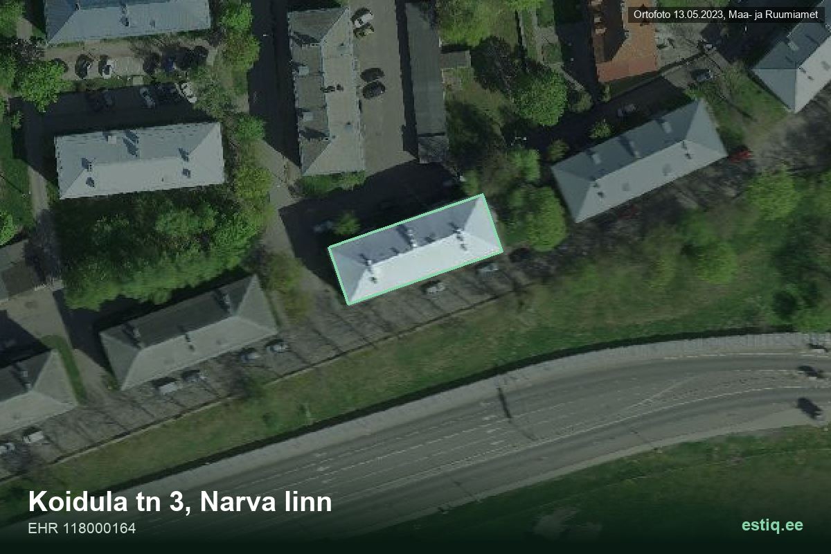 Koidula tänav 3, Narva – hoone aerofoto, kontuur ehitisregistri (EHR) andmetest