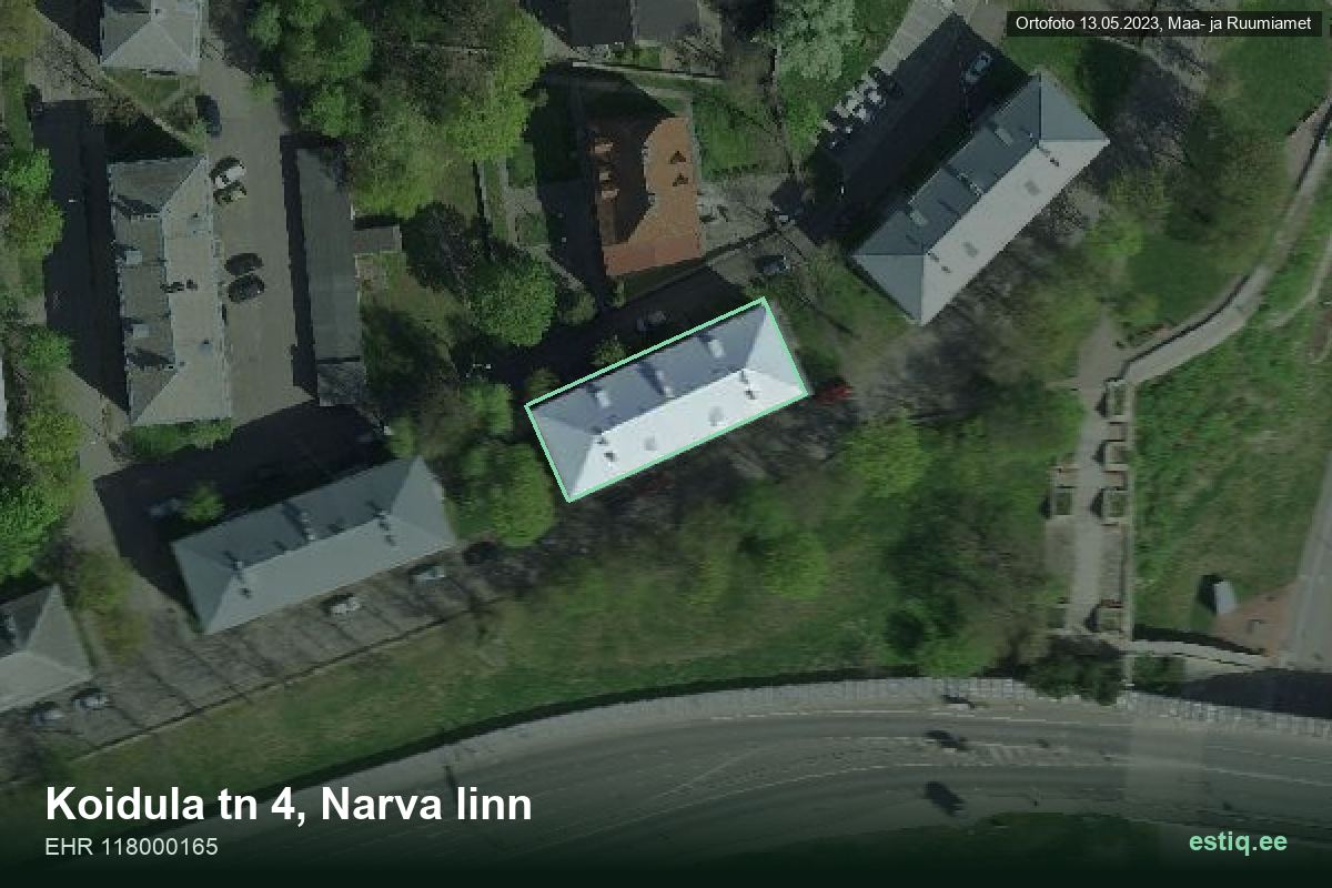 Koidula tänav 4, Narva – hoone aerofoto, kontuur ehitisregistri (EHR) andmetest