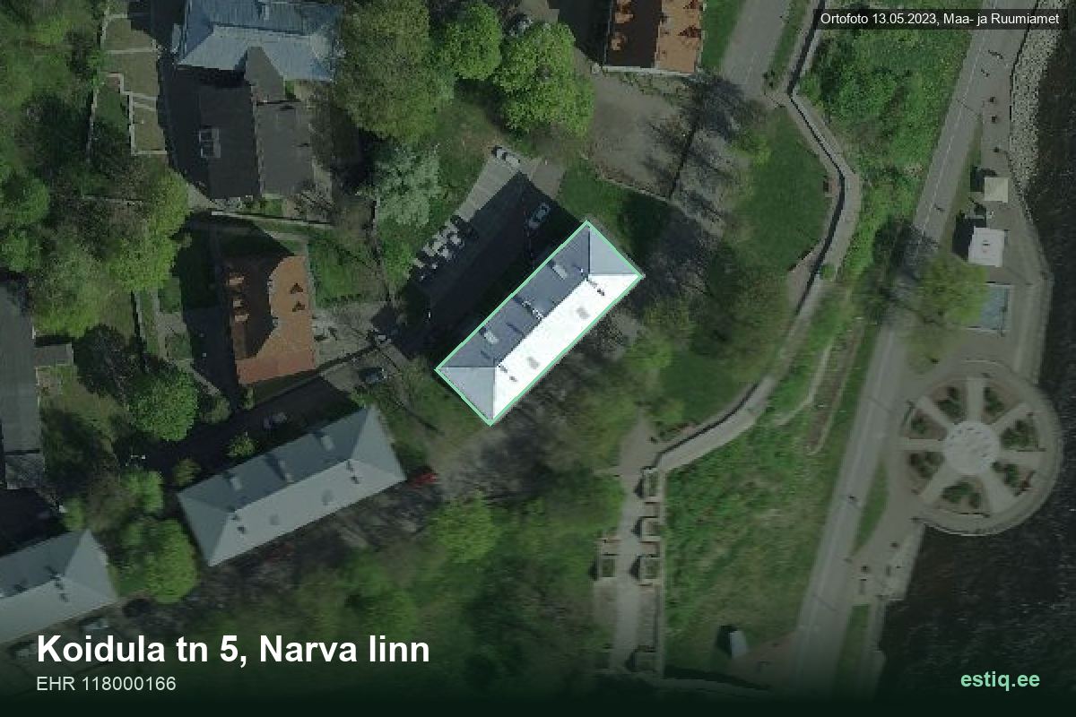 Koidula tänav 5, Narva – hoone aerofoto, kontuur ehitisregistri (EHR) andmetest