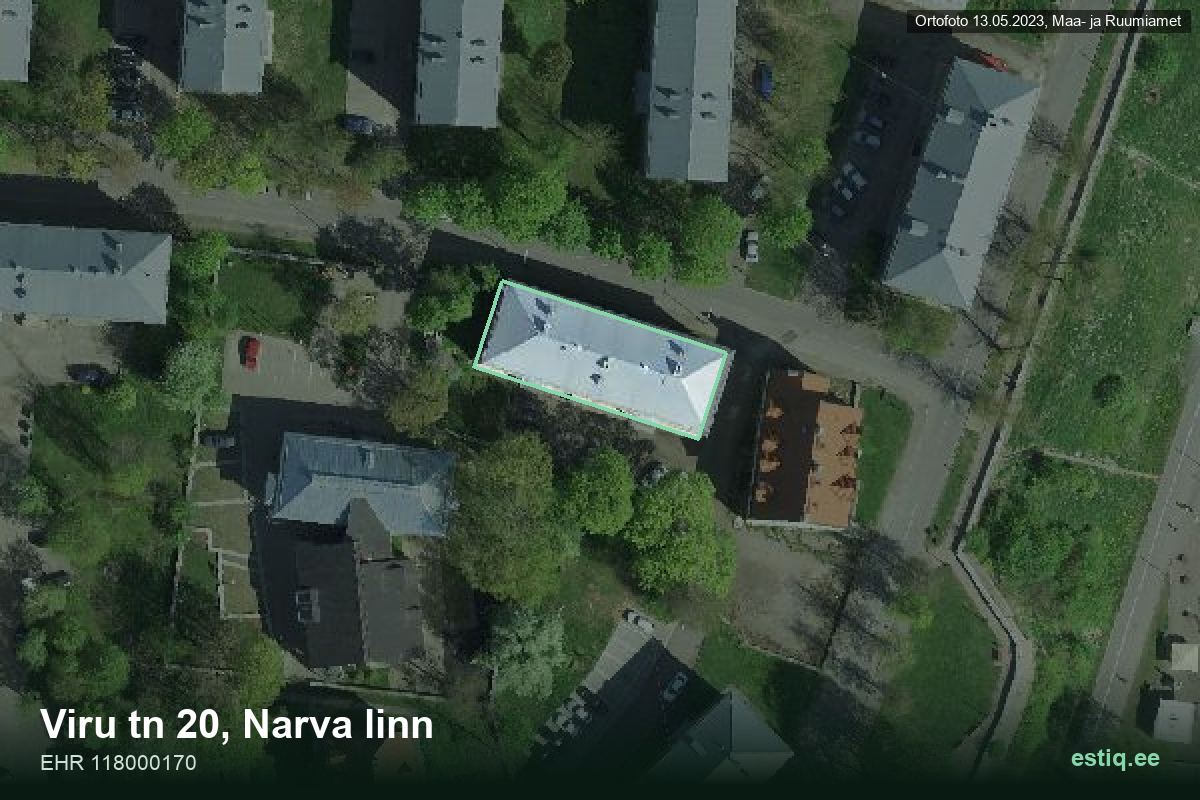 Viru tänav 20, Narva – аэрофото дома, контур по данным регистра строений (EHR)