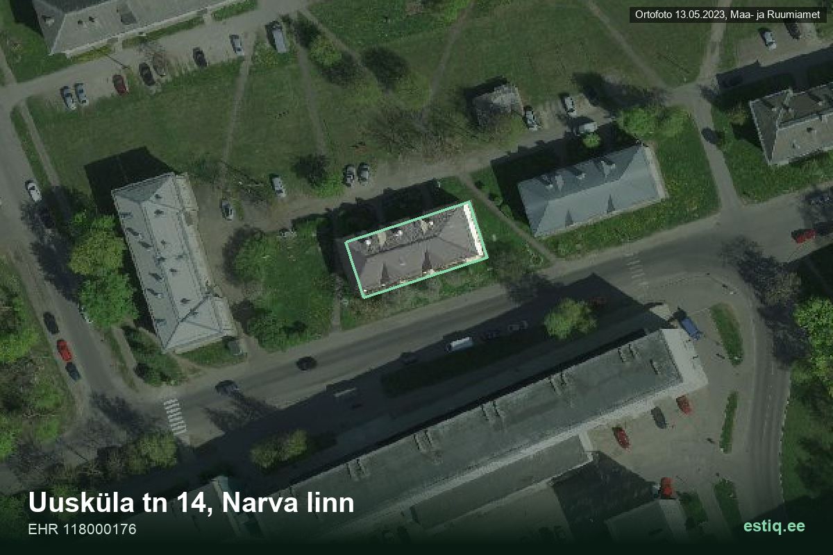 Uusküla tänav 14, Narva – аэрофото дома, контур по данным регистра строений (EHR)
