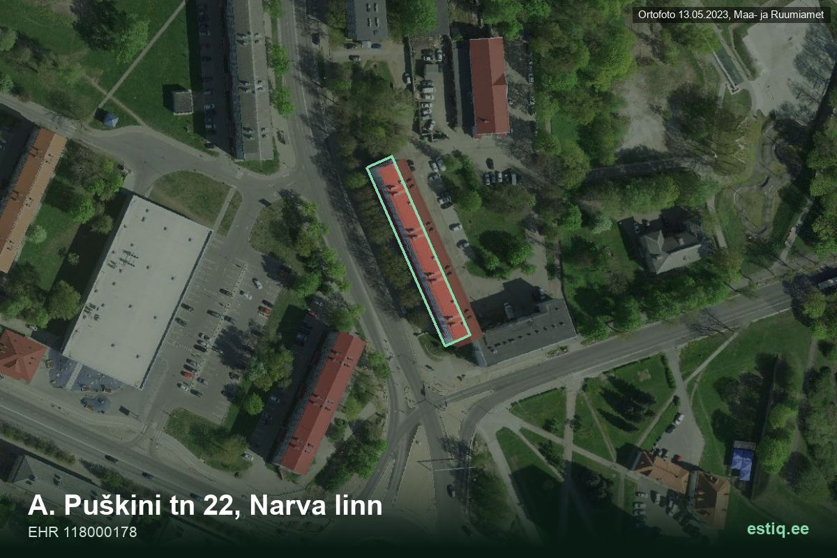 A. Puškini tänav 22, Narva – aerial photo of the building, outline from the Building Register (EHR)