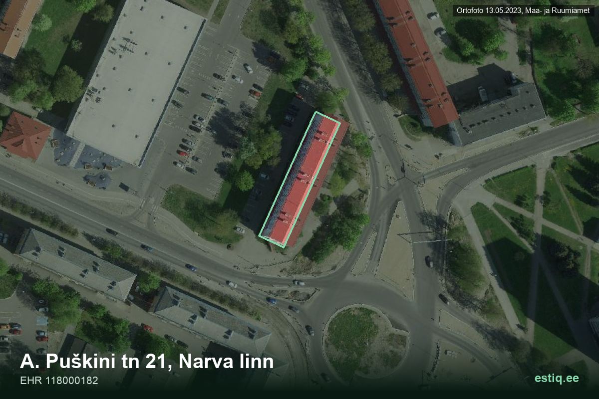 A. Puškini tänav 21, Narva – hoone aerofoto, kontuur ehitisregistri (EHR) andmetest