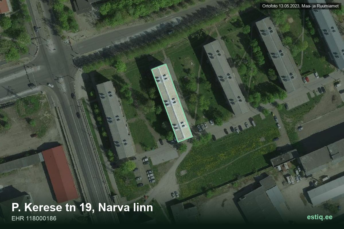 P. Kerese tänav 19, Narva – hoone aerofoto, kontuur ehitisregistri (EHR) andmetest