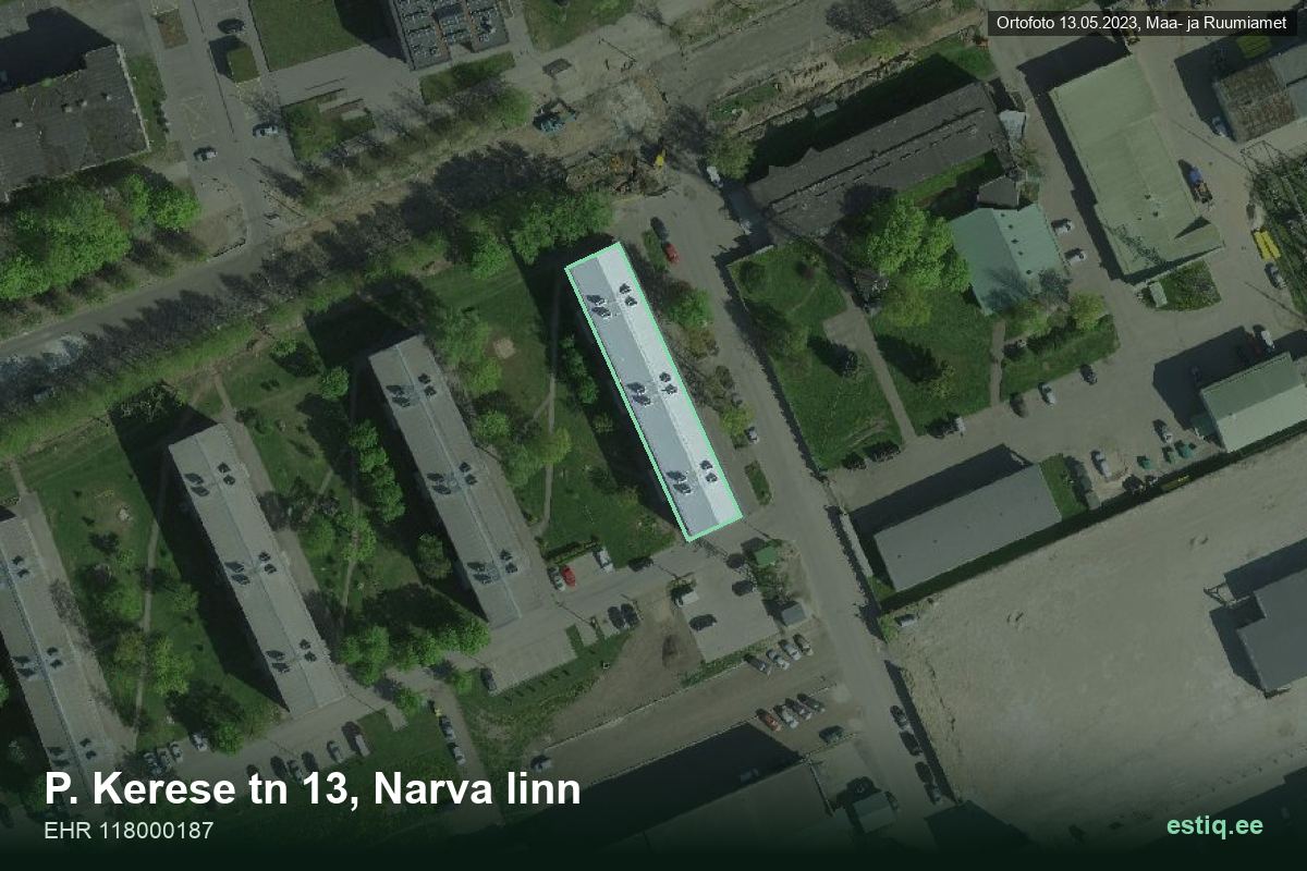P. Kerese tänav 13, Narva – hoone aerofoto, kontuur ehitisregistri (EHR) andmetest