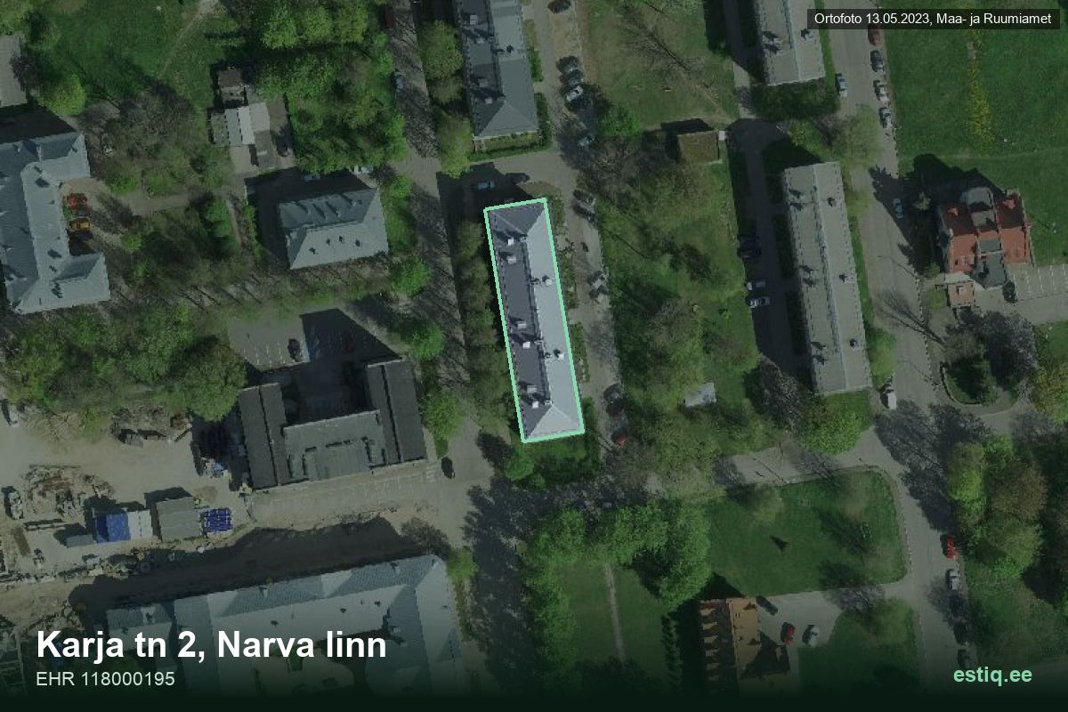 Karja tänav 2, Narva – hoone aerofoto, kontuur ehitisregistri (EHR) andmetest