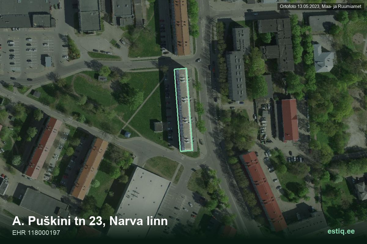 A. Puškini tänav 23, Narva – aerial photo of the building, outline from the Building Register (EHR)