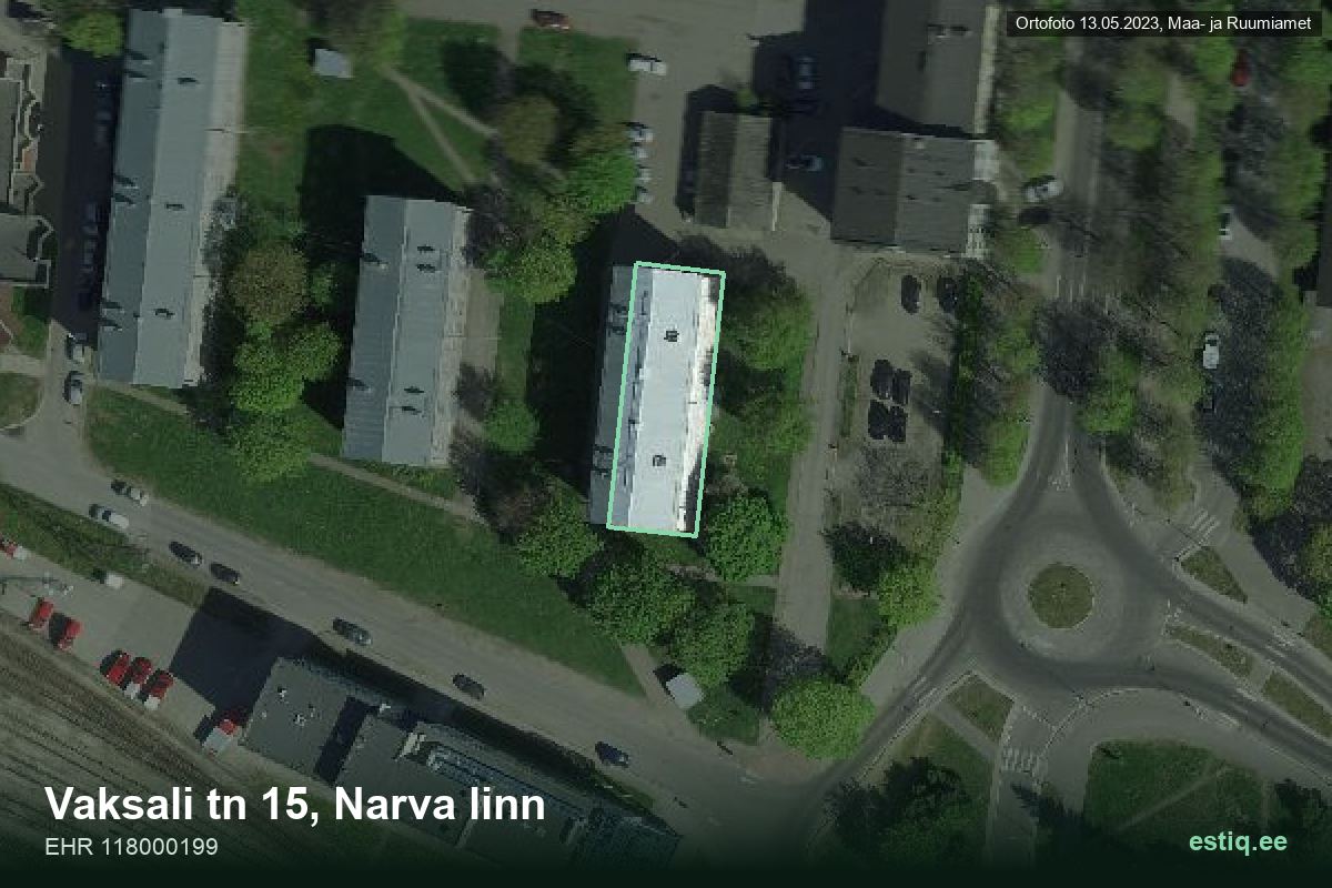Vaksali tänav 15, Narva – аэрофото дома, контур по данным регистра строений (EHR)