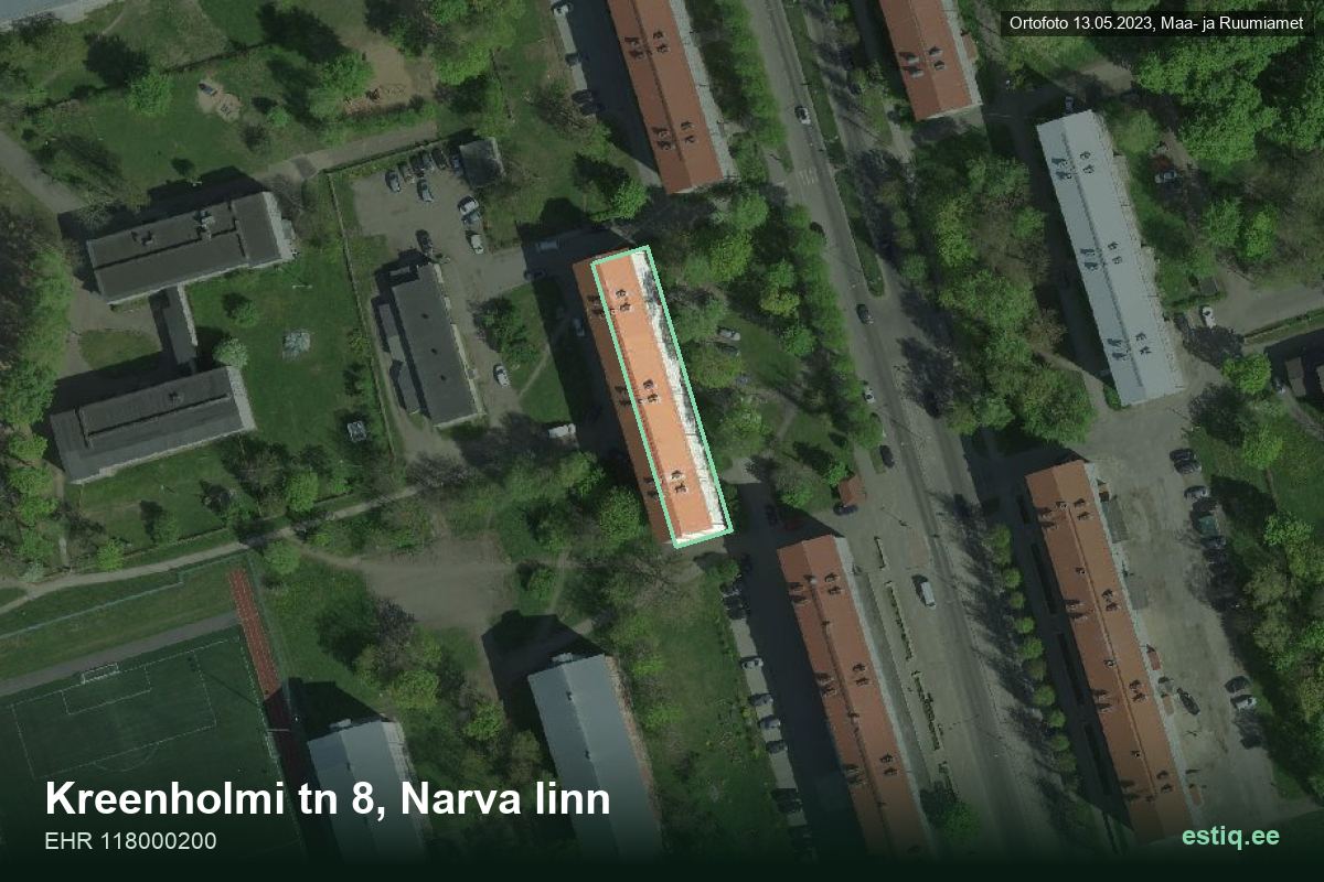 Kreenholmi tänav 8, Narva – аэрофото дома, контур по данным регистра строений (EHR)