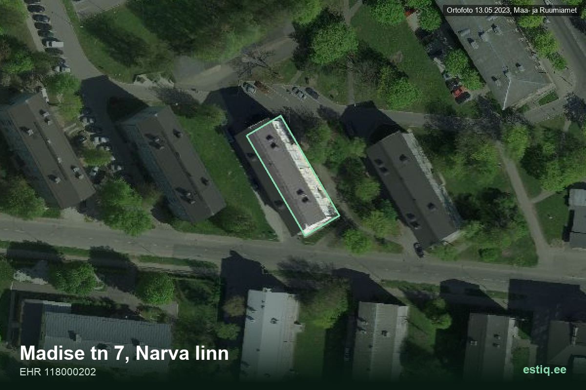 Madise tänav 7, Narva – аэрофото дома, контур по данным регистра строений (EHR)