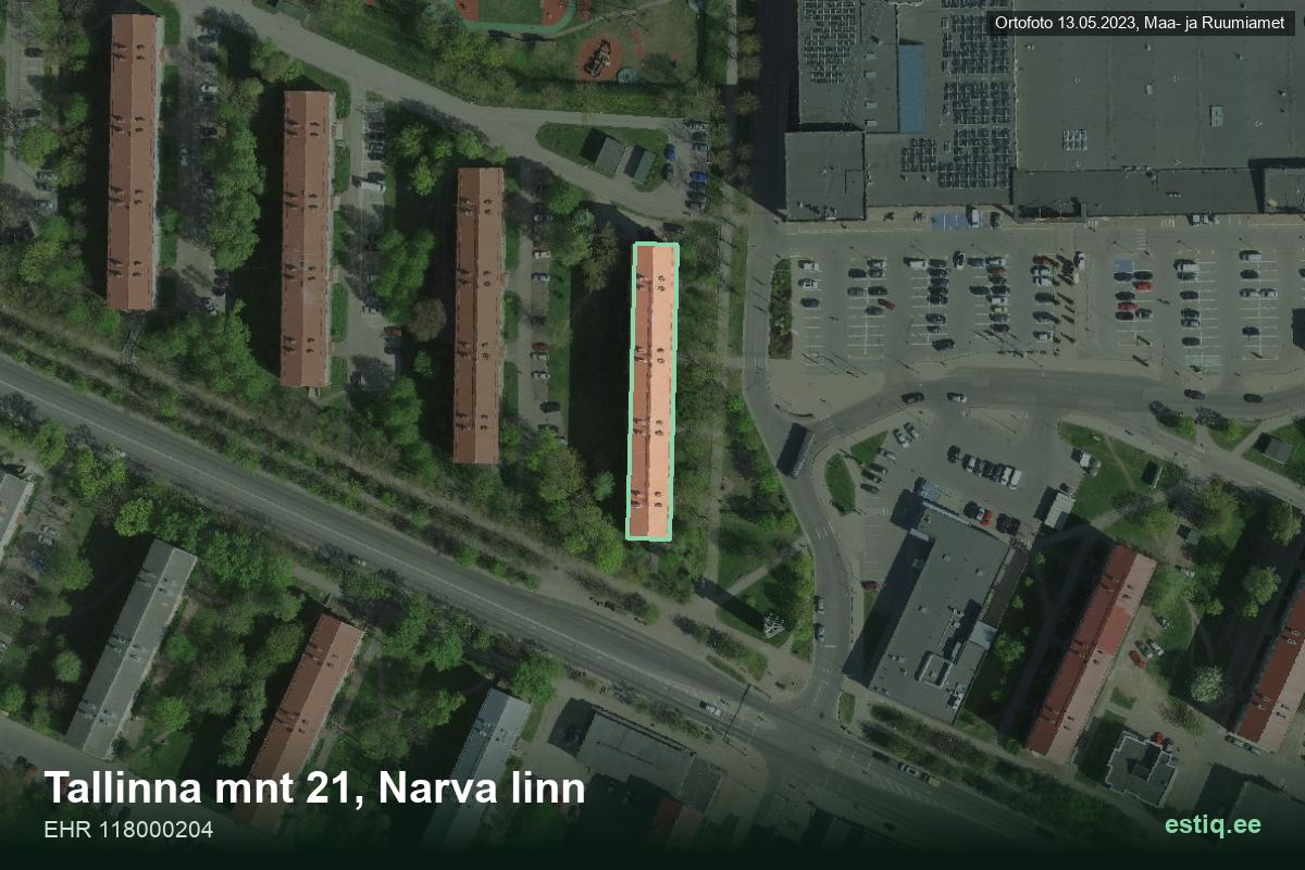 Tallinna mnt 21, Narva – hoone aerofoto, kontuur ehitisregistri (EHR) andmetest