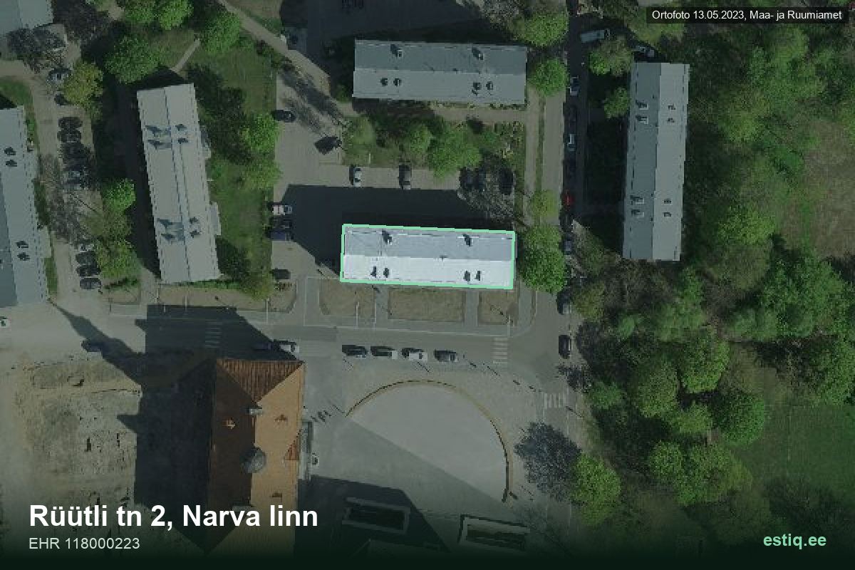 Rüütli tänav 2, Narva – аэрофото дома, контур по данным регистра строений (EHR)