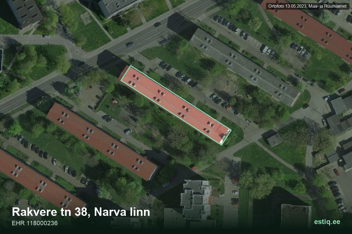 Rakvere tänav 38, Narva – hoone aerofoto, kontuur ehitisregistri (EHR) andmetest
