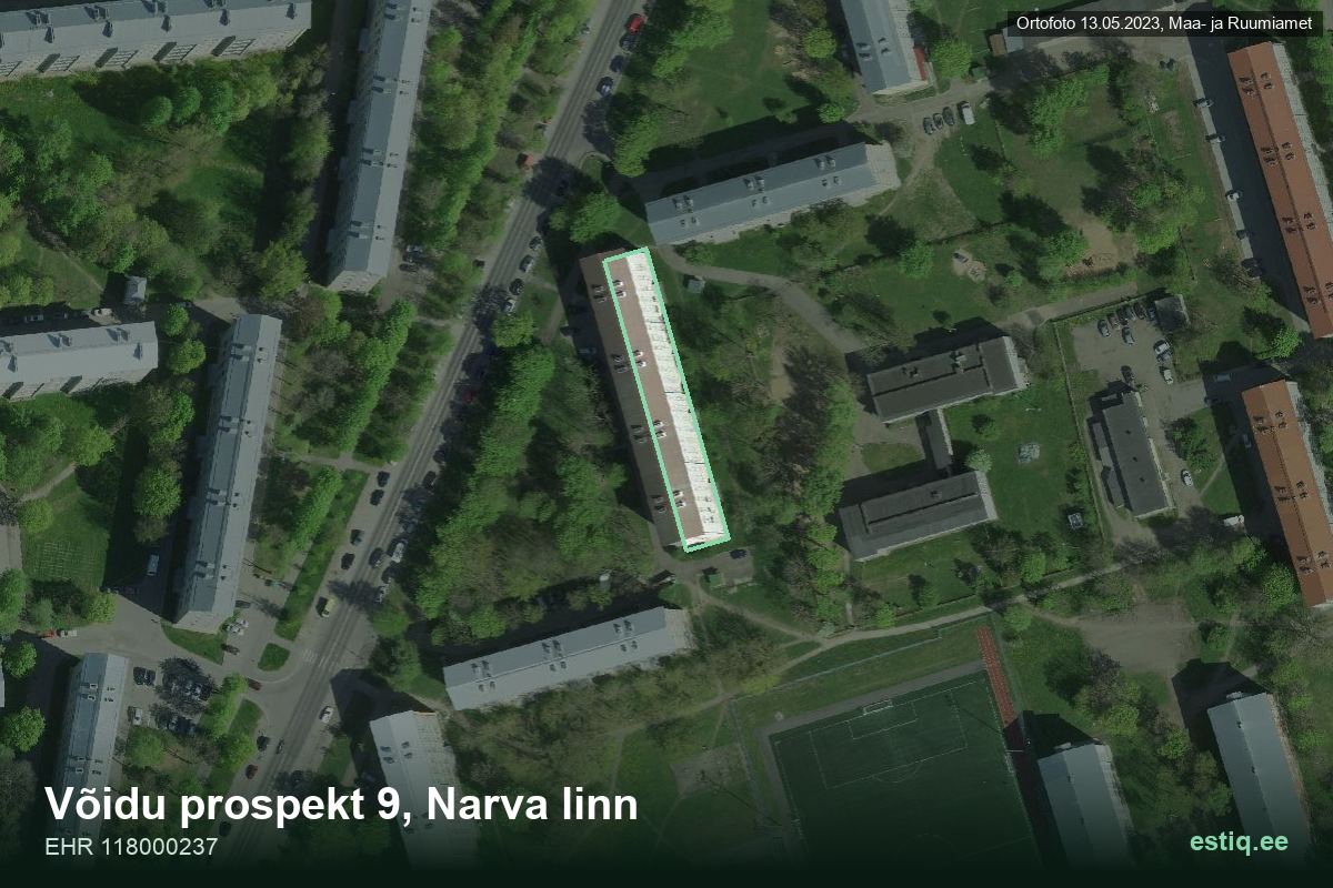 Võidu prospekt 9, Narva – hoone aerofoto, kontuur ehitisregistri (EHR) andmetest