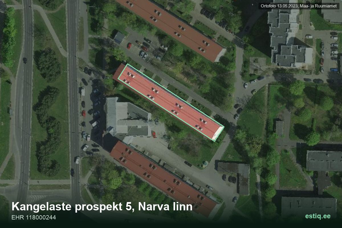 Kangelaste pr 5, Narva – аэрофото дома, контур по данным регистра строений (EHR)
