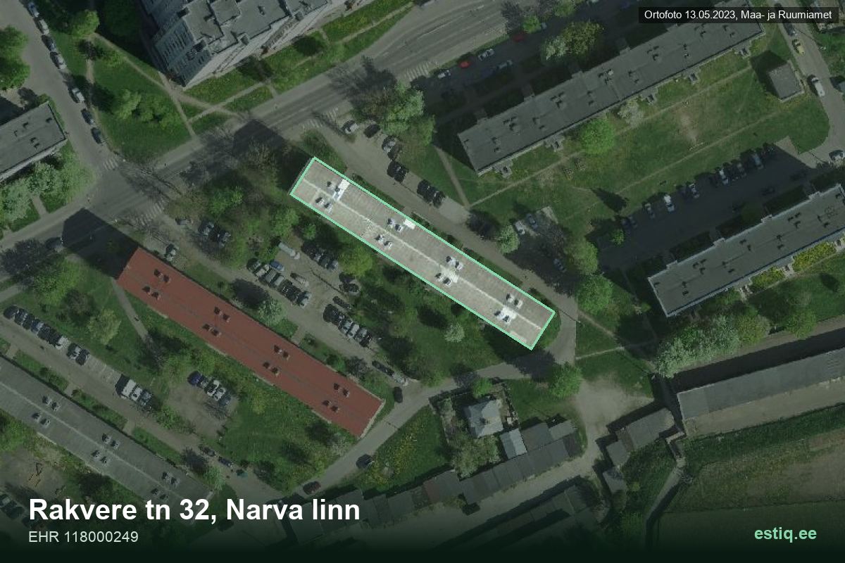Rakvere tänav 32, Narva – аэрофото дома, контур по данным регистра строений (EHR)