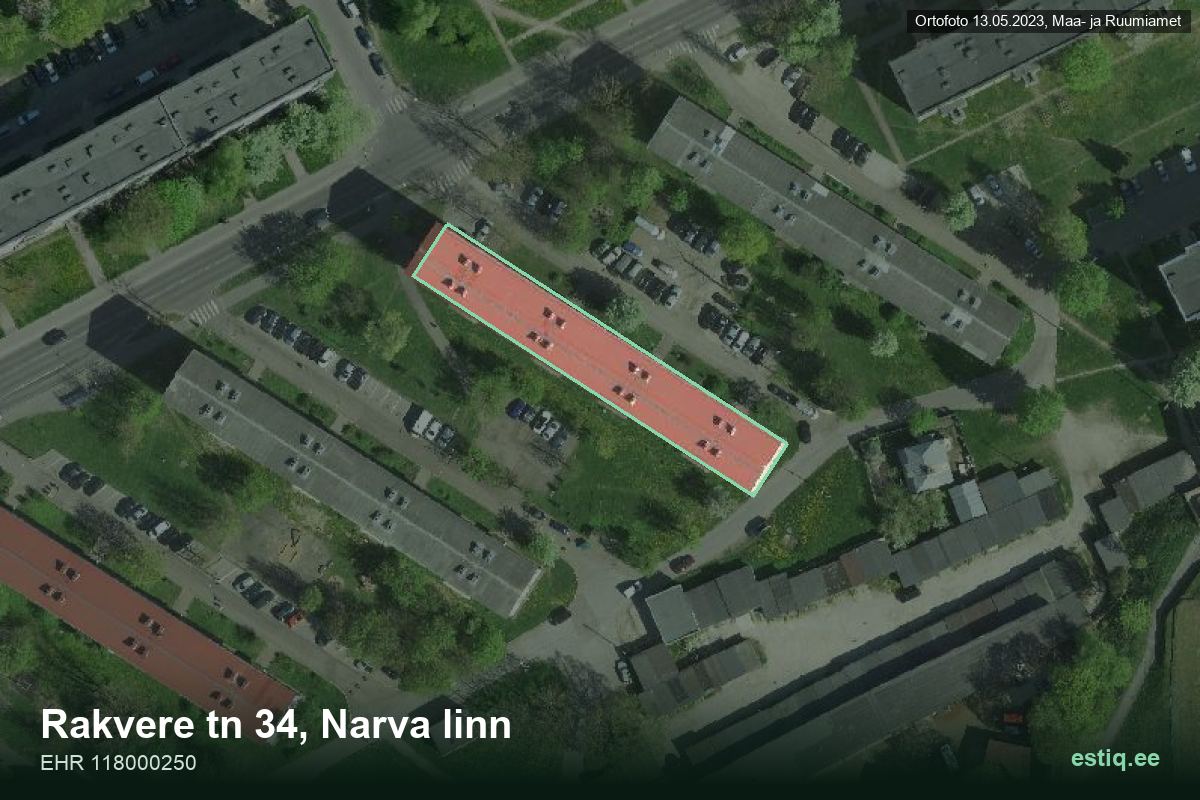 Rakvere tänav 34, Narva – ilmakuva rakennuksesta, ääriviiva rakennusrekisteristä (EHR)