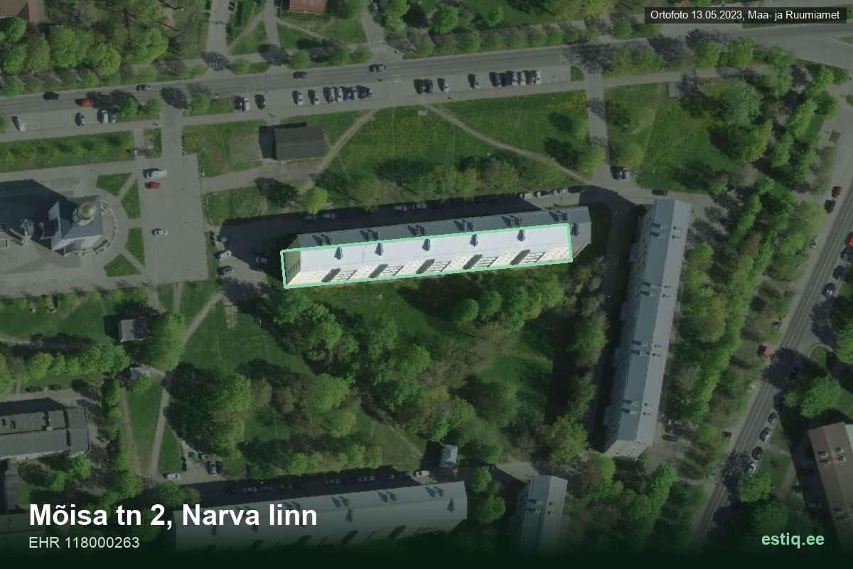 Mõisa tänav 2, Narva – hoone aerofoto, kontuur ehitisregistri (EHR) andmetest