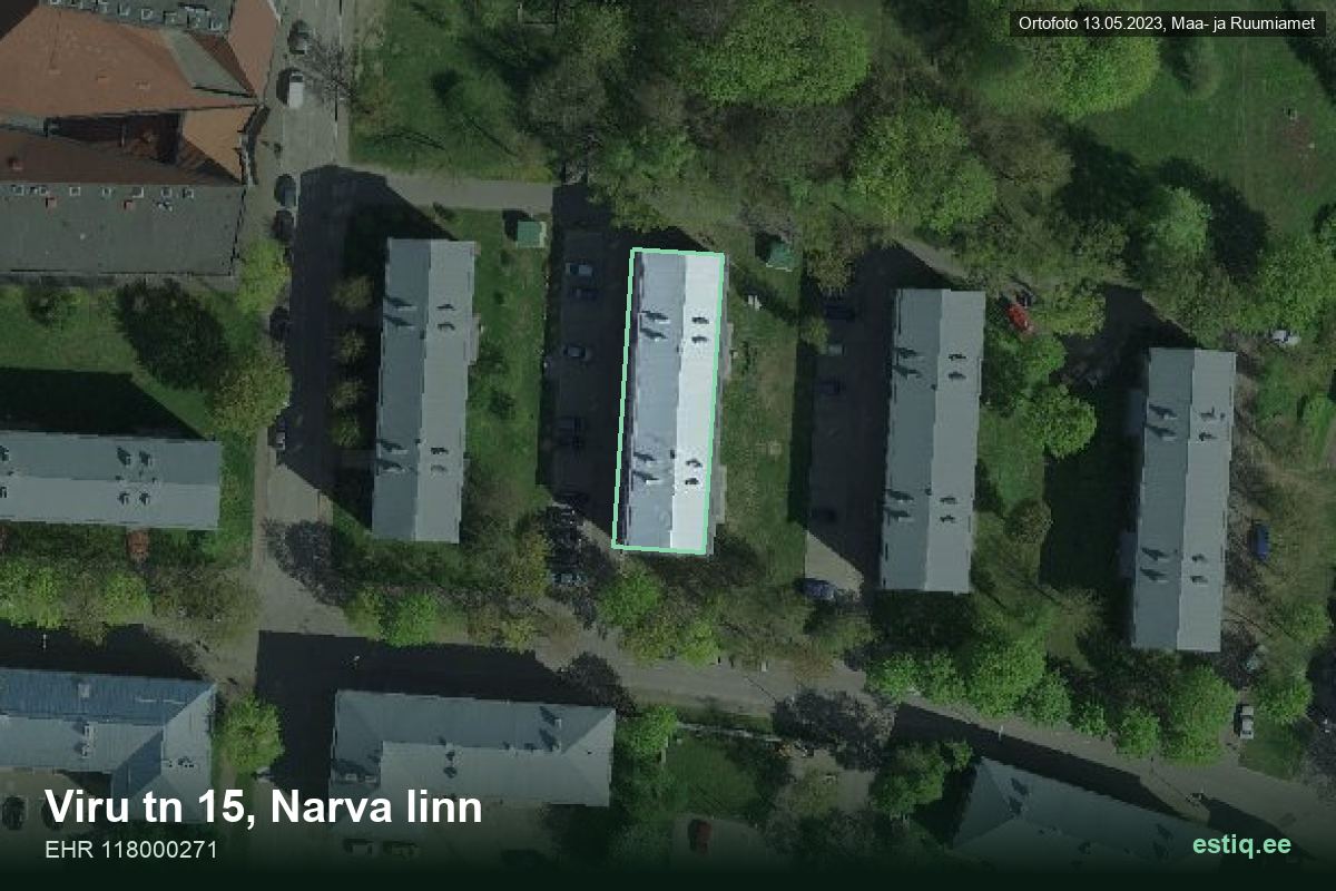 Viru tänav 15, Narva – hoone aerofoto, kontuur ehitisregistri (EHR) andmetest