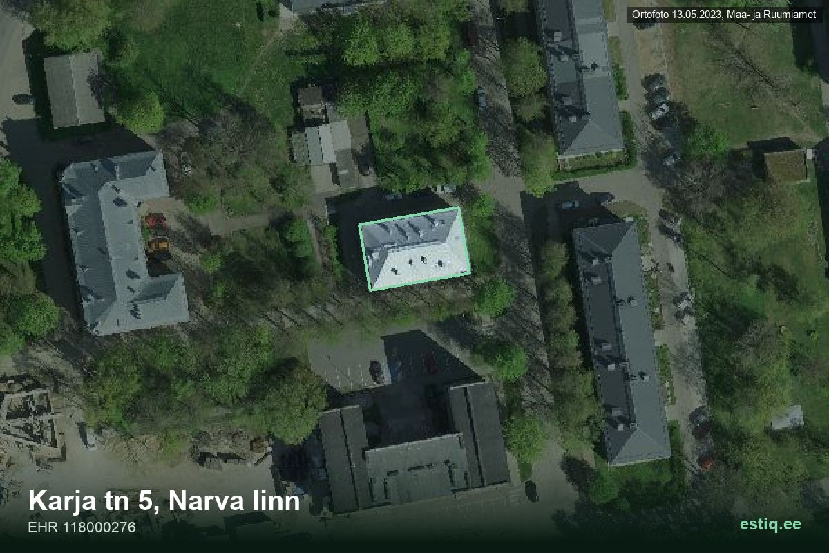 Karja tänav 5, Narva – hoone aerofoto, kontuur ehitisregistri (EHR) andmetest