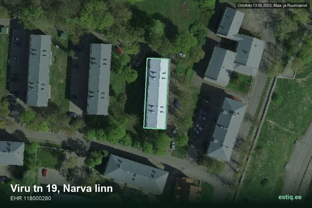 Viru tänav 19, Narva – аэрофото дома, контур по данным регистра строений (EHR)