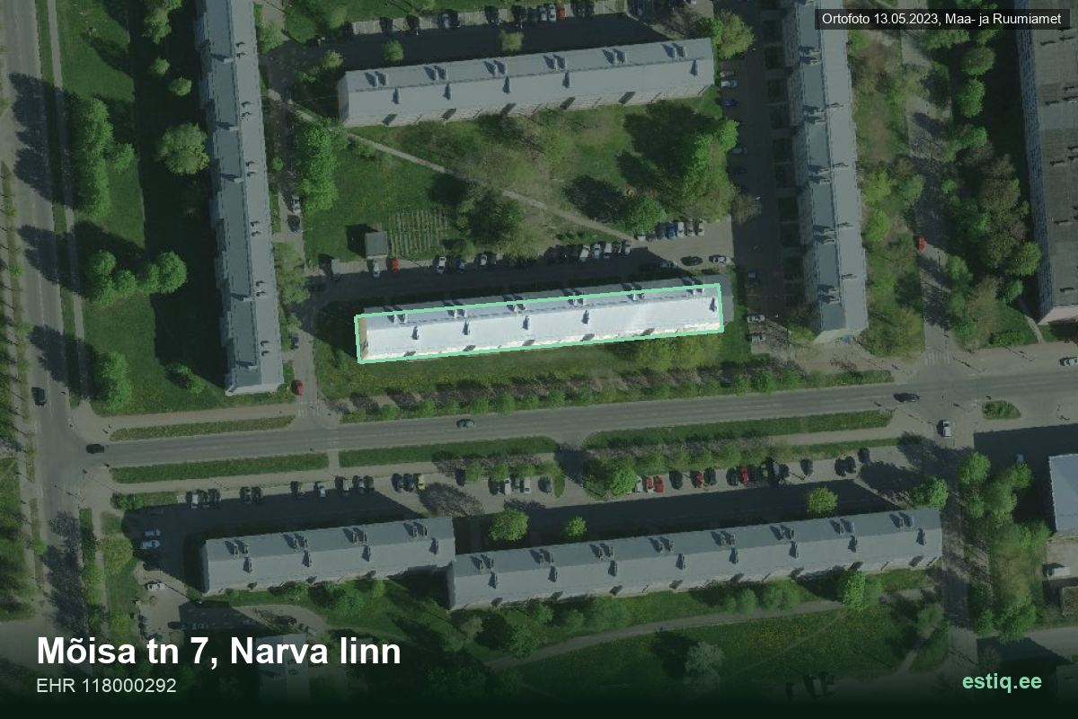 Mõisa tänav 7, Narva – hoone aerofoto, kontuur ehitisregistri (EHR) andmetest