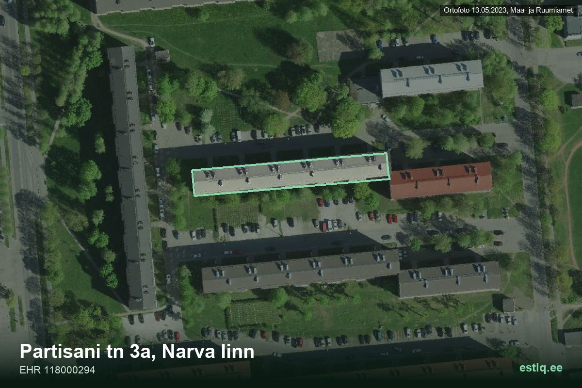 Partisani tänav 3a, Narva – аэрофото дома, контур по данным регистра строений (EHR)