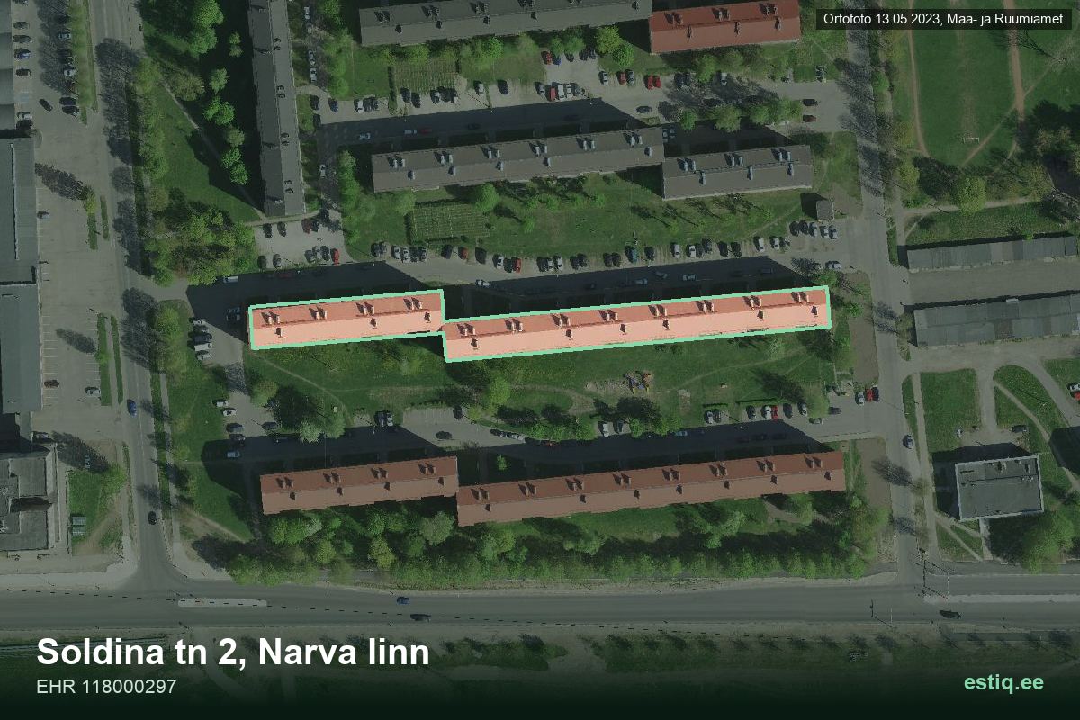 Soldina tänav 2, Narva – аэрофото дома, контур по данным регистра строений (EHR)