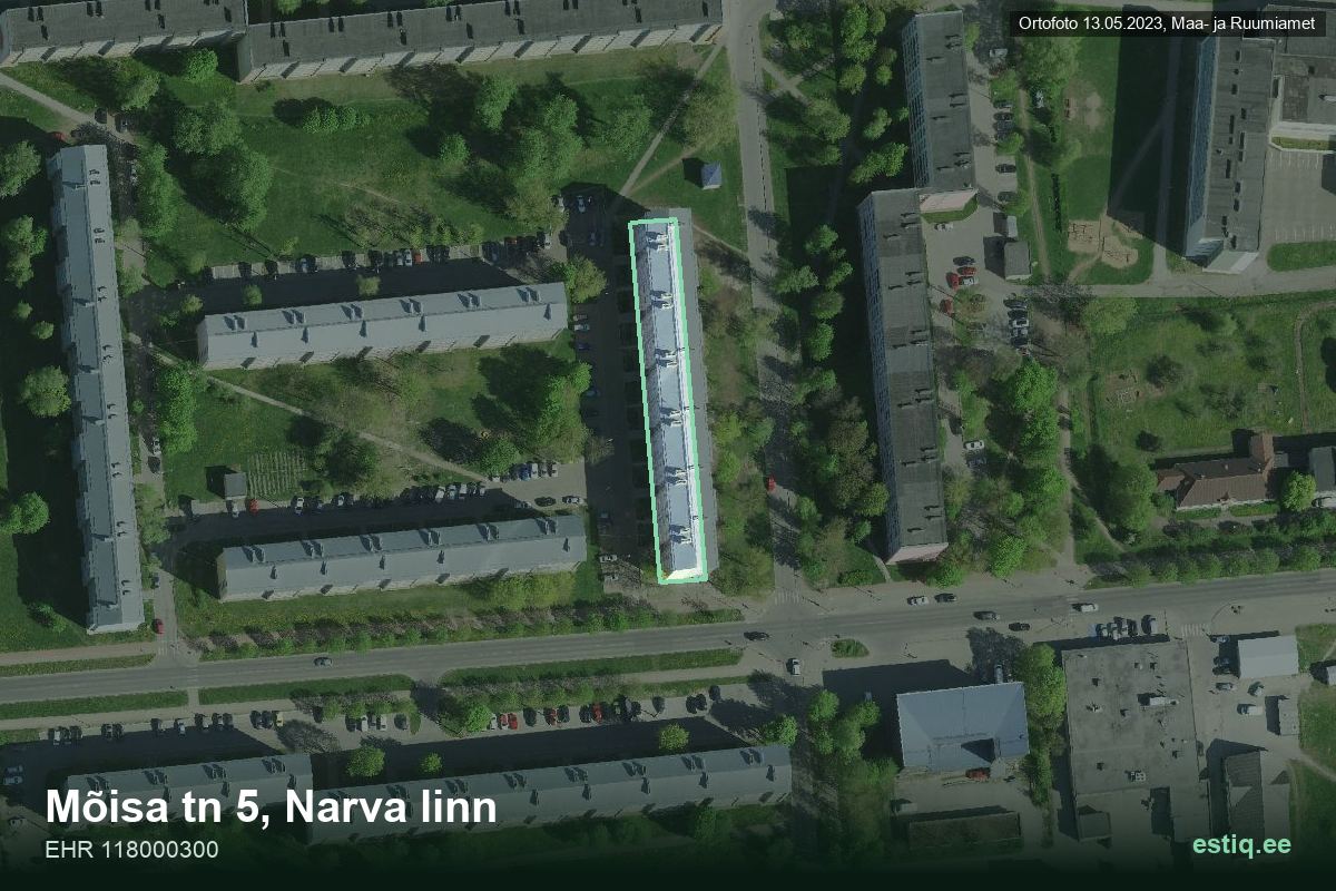 Mõisa tänav 5, Narva – hoone aerofoto, kontuur ehitisregistri (EHR) andmetest