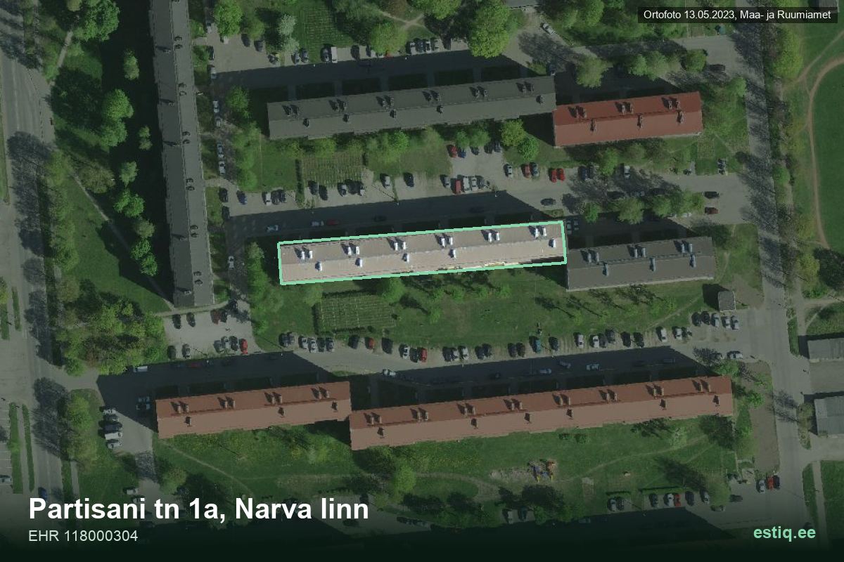 Partisani tänav 1a, Narva – hoone aerofoto, kontuur ehitisregistri (EHR) andmetest