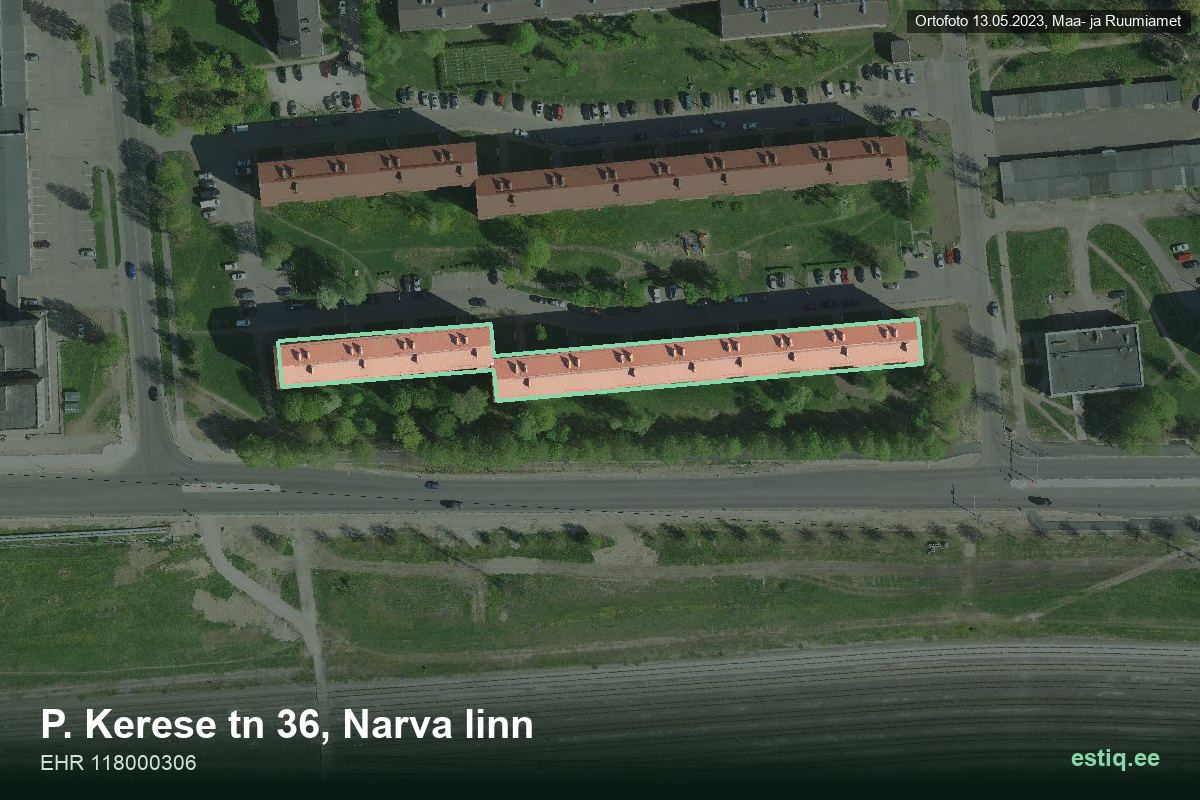 P. Kerese tänav 36, Narva – аэрофото дома, контур по данным регистра строений (EHR)