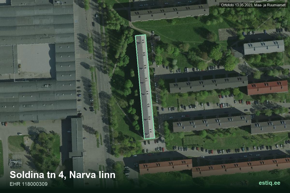 Soldina tänav 4, Narva – aerial photo of the building, outline from the Building Register (EHR)