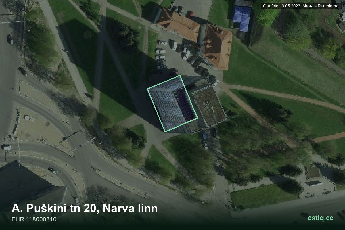 A. Puškini tänav 20, Narva – аэрофото дома, контур по данным регистра строений (EHR)