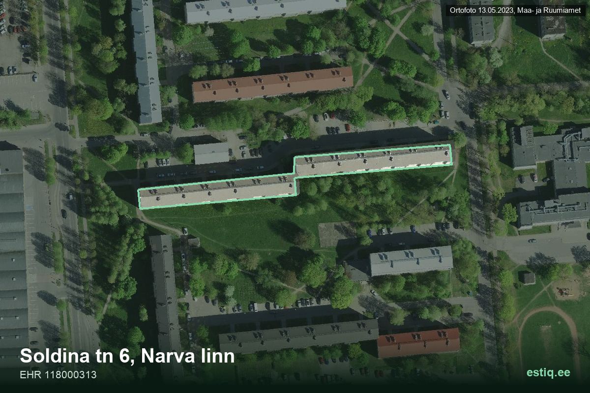 Soldina tänav 6, Narva – aerial photo of the building, outline from the Building Register (EHR)