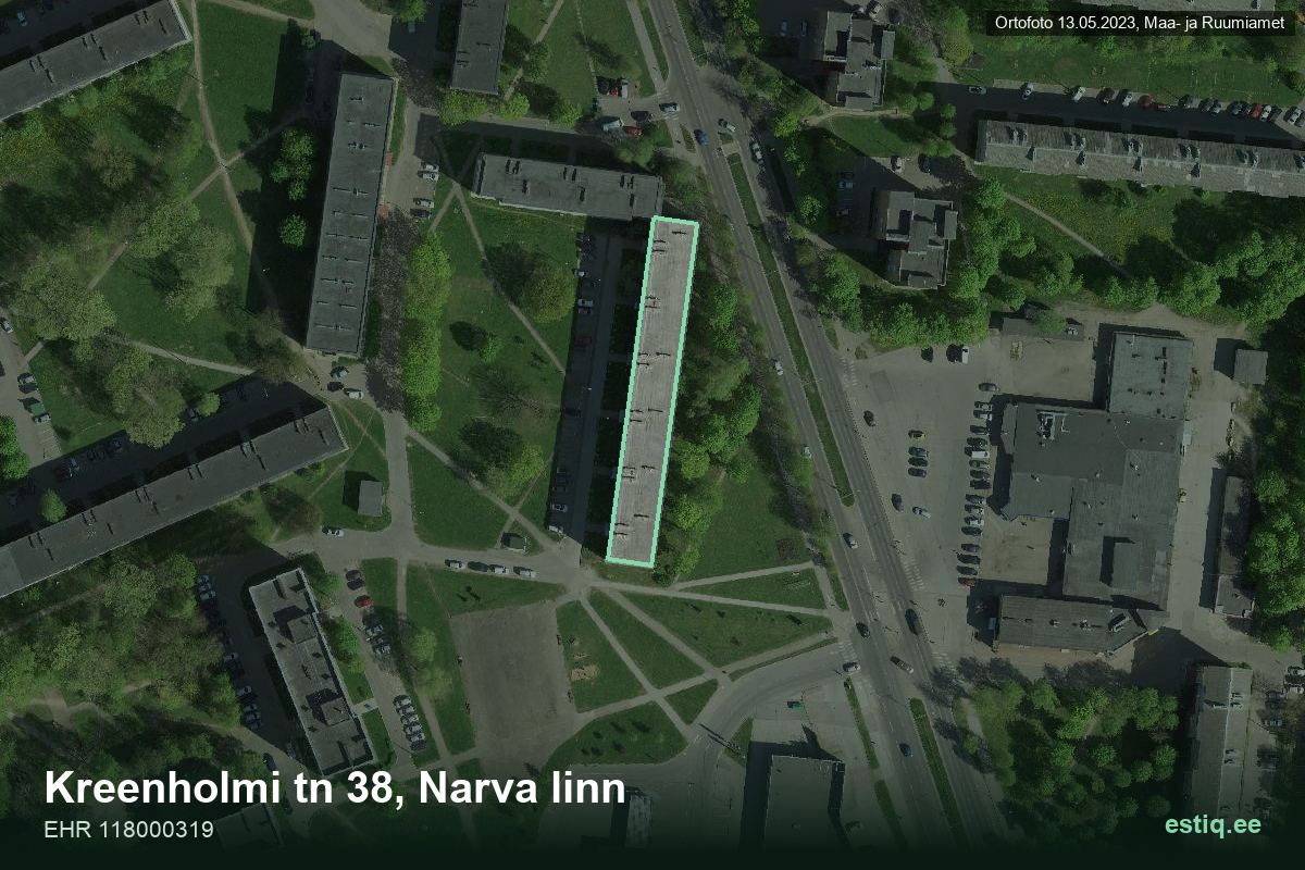 Kreenholmi tänav 38, Narva – аэрофото дома, контур по данным регистра строений (EHR)