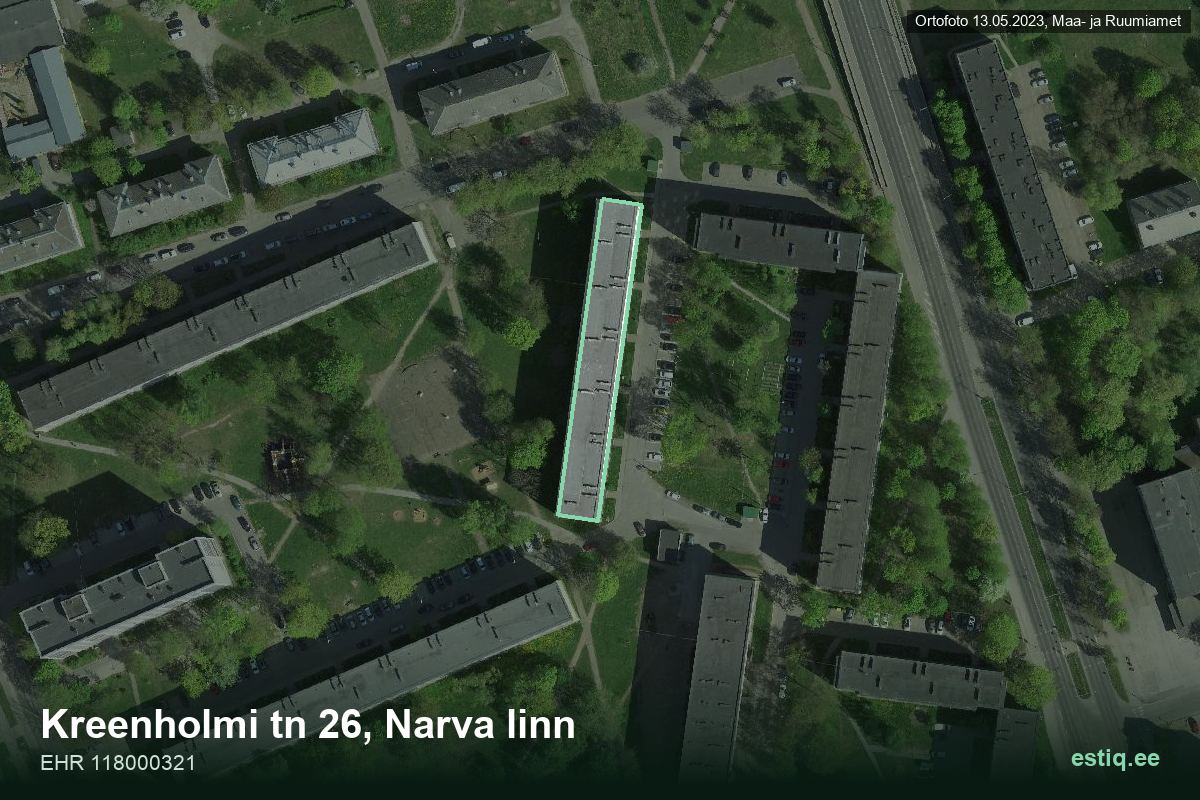 Kreenholmi tänav 26, Narva – hoone aerofoto, kontuur ehitisregistri (EHR) andmetest