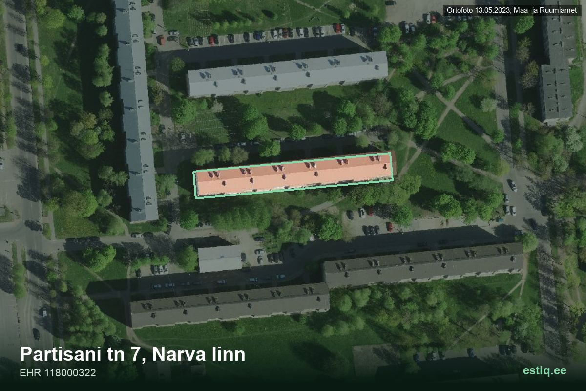 Partisani tänav 7, Narva – hoone aerofoto, kontuur ehitisregistri (EHR) andmetest