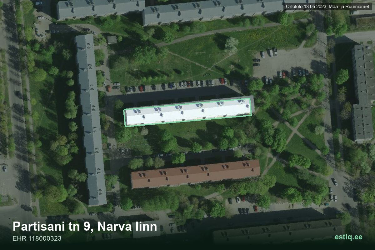 Partisani tänav 9, Narva – hoone aerofoto, kontuur ehitisregistri (EHR) andmetest