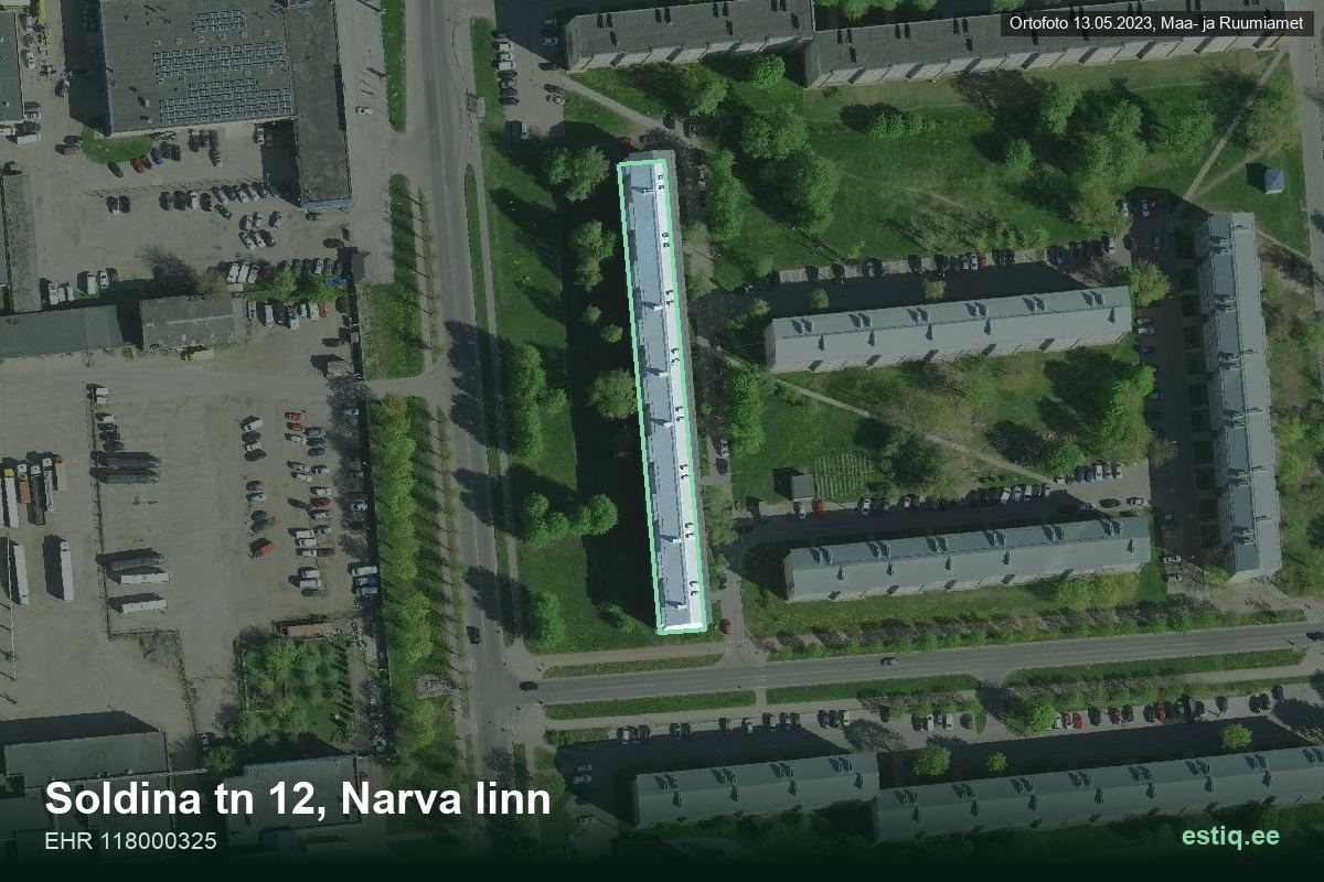 Soldina tänav 12, Narva – hoone aerofoto, kontuur ehitisregistri (EHR) andmetest