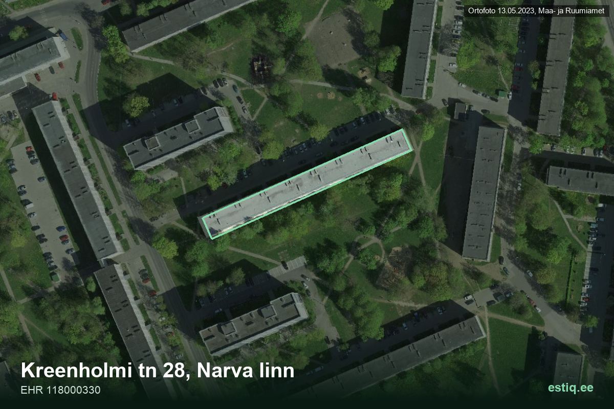 Kreenholmi tänav 28, Narva – аэрофото дома, контур по данным регистра строений (EHR)