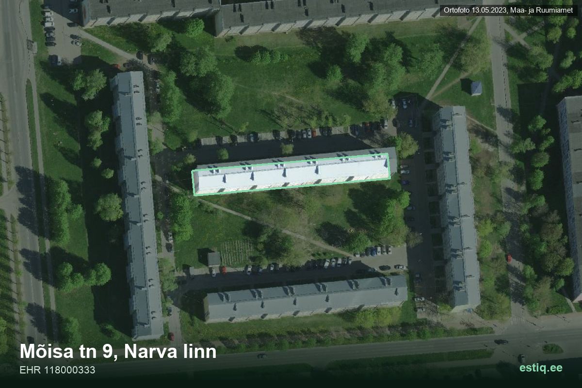 Mõisa tänav 9, Narva – ilmakuva rakennuksesta, ääriviiva rakennusrekisteristä (EHR)