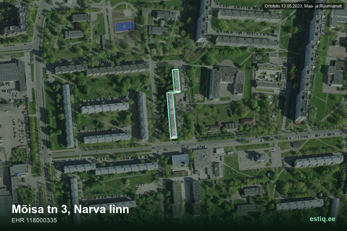 Mõisa tänav 3, Narva – hoone aerofoto, kontuur ehitisregistri (EHR) andmetest