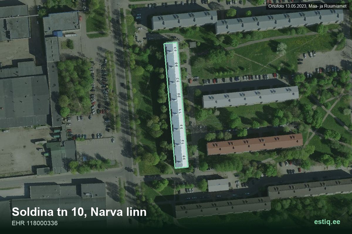 Soldina tänav 10, Narva – аэрофото дома, контур по данным регистра строений (EHR)