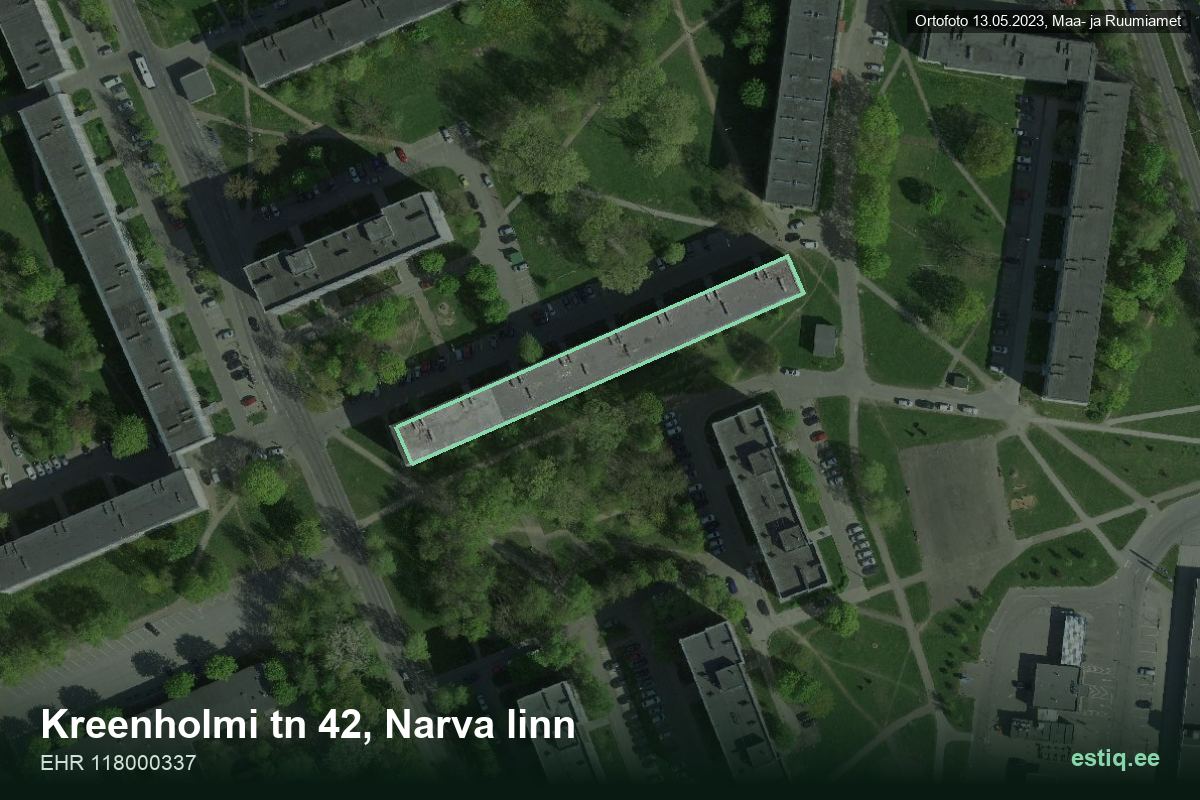 Kreenholmi tänav 42, Narva – hoone aerofoto, kontuur ehitisregistri (EHR) andmetest