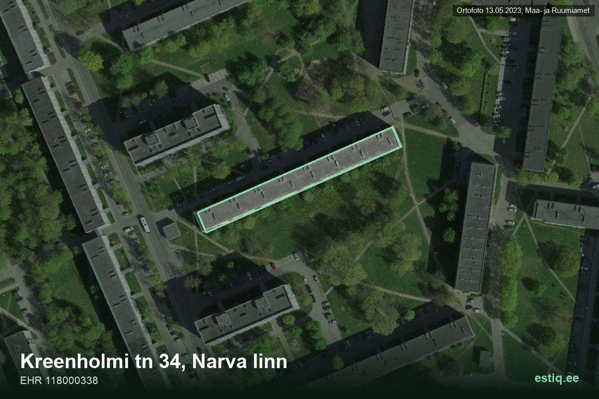 Kreenholmi tänav 34, Narva – аэрофото дома, контур по данным регистра строений (EHR)